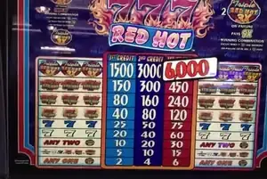 777 Red Hot title and paytable on a Celebrity Millennium cabinet