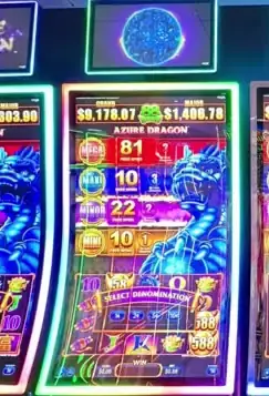 Azure Dragon title and game screen on a Celebrity Apex slot cabinet
