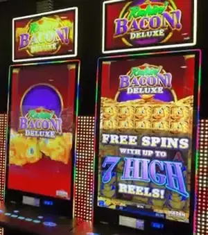 Bacon Deluxe titles and game screens on Celebrity Beyond slot cabinets