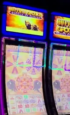 Buffalo Gold title above a Celebrity Reflection slot cabinet