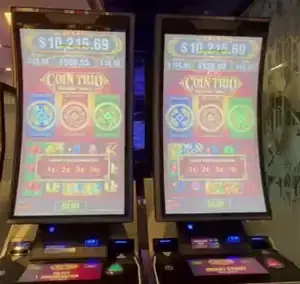 Coin Trio title and game screens on Celebrity Apex slot cabinets