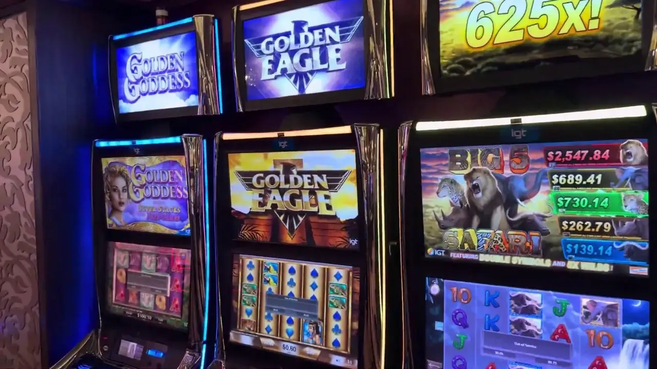 Anthem of the Seas casino video frame showing Golden Goddess, Golden Eagle, Big 5 Safari.