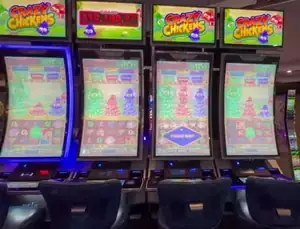 Crazy Chickens titles above Celebrity Apex slot cabinets