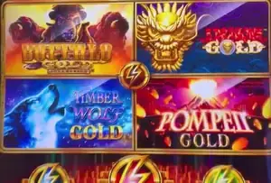 Celebrity Equinox slot game menu with Buffalo Gold, Dragon Gold, Timber Wolf Gold and Pompeii Gold visible