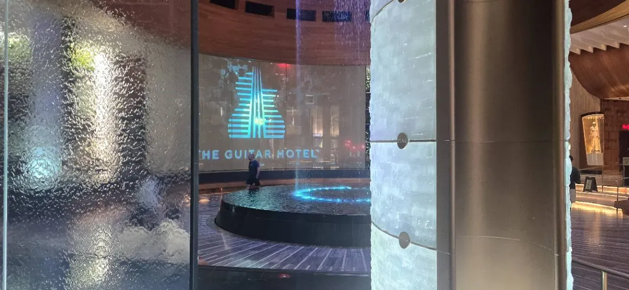 Illuminated Guitar Hotel water feature inside Seminole Hard Rock Hollywood