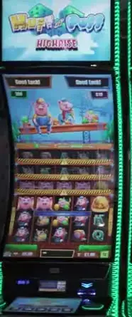 Huff N' Puff High Rise slot cabinet with its title on the upper screen