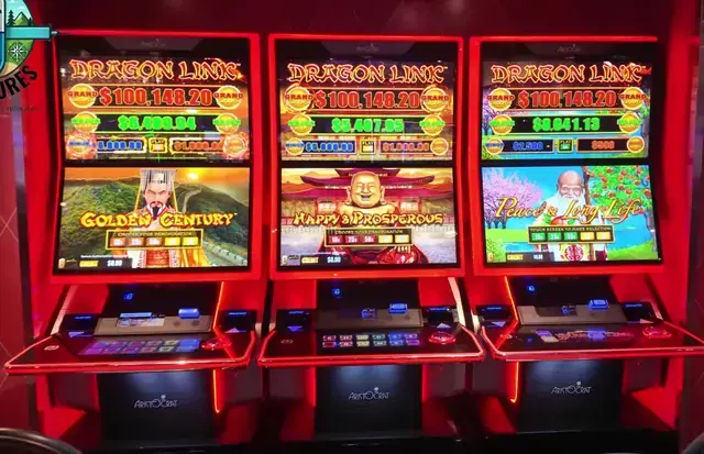 Slot cabinets showing Dragon Link: Golden Century, Dragon Link: Happy & Prosperous, Dragon Link: Peace & Long Life aboard Oasis of the Seas.