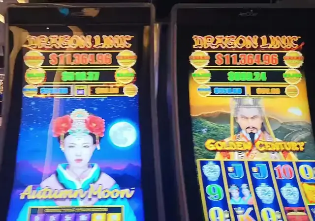Slot cabinets showing Dragon Link: Autumn Moon, Dragon Link: Golden Century aboard Icon of the Seas.