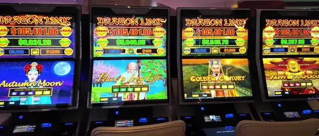 Slot cabinets showing Dragon Link: Autumn Moon, Dragon Link: Peace & Long Life, Dragon Link: Golden Century, Dragon Link: Happy & Prosperous aboard Legend of the Seas.