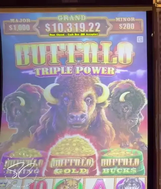 Buffalo Triple Power machine cabinet visible in the credited ship casino walkthrough.