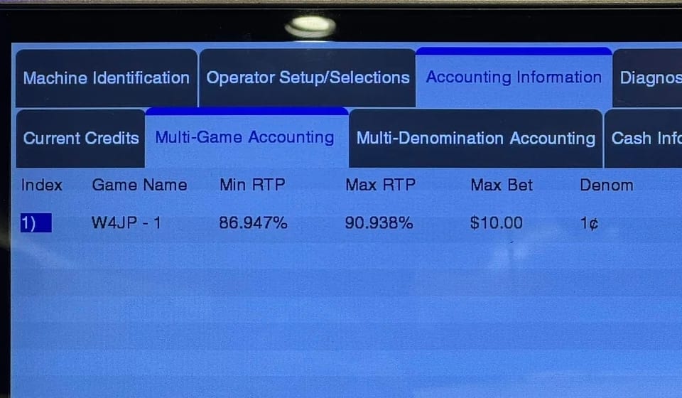 Aristocrat Wonder 4 Jackpots setup screen on Anthem of the Seas showing the configured RTP range for game W4JP-1: minimum 86.947 percent, maximum 90.938 percent, max bet ten dollars, one-cent denomination.